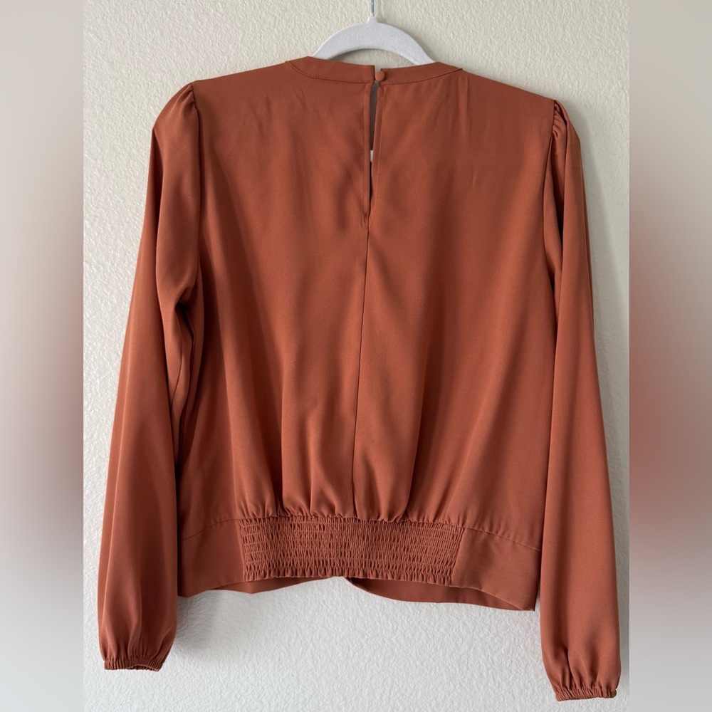 Nine West Rust Orange Long Sleeve Semi Sheer Tie Front Blouse - Picture 9 of 11